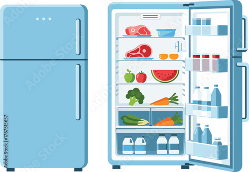 Open blue refrigerator filled with organized food items including fruits, vegetables, drinks, and meat, promoting healthy eating and storage