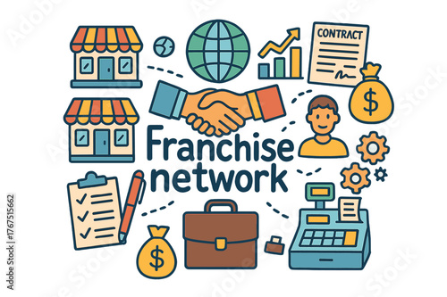 Franchise Network Doodles. Franchise network. Hand-drawn doodle illustration of Franchise network. Multiple