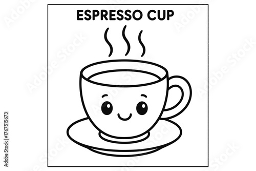 Smiling Espresso Cup. Espresso cup children?s coloring book illustration, outlined drawing, cute steaming