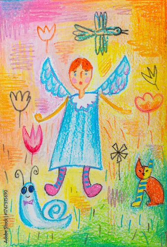 Crayon drawing of angel with animals and flowers in naive childrens style
