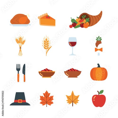 Thanksgiving Celebration Vector Flat Design Icon Set for Autumn Harvest and Holiday Dinner