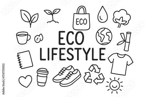 Eco Lifestyle Doodle. Eco Lifestyle. Hand-drawn doodle illustration of Eco Lifestyle. leaf, seedling, eco bag,