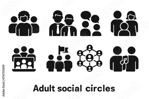 Diverse Social Circles Icons. Adult social circles. Filled icon set of adult social circles: diverse group,
