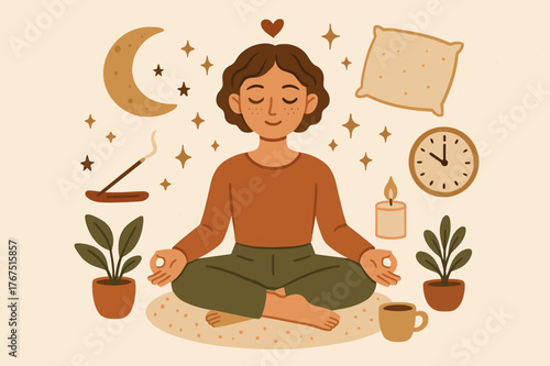 Serene Meditation Setup. meditating person, moon, stars, incense stick, candle, sitting mat, pillow, cup,