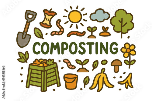 Colorful Composting Doodles. Composting. Hand-drawn doodle illustration of Composting. Compost bin, shovel,
