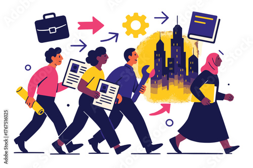 Path to Prosperity. New opportunities. Migrants holding resumes and tools while walking toward glowing city