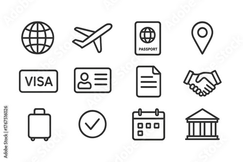 Immigration Icons Set. Immigration process. Line outline icon set of immigration process: globe, airplane,