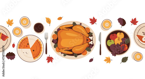 Thanksgiving Dinner Table with Roasted Turkey Pumpkin Pie and Autumn Food Flat Vector Illustration