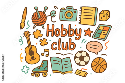 Colorful Hobby Club Doodles. Hobby club. Hand-drawn doodle illustration of Hobby club. Paintbrush, knitting