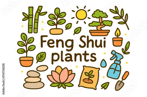 Feng Shui Doodles. Feng shui plants. Hand-drawn doodle illustration of Feng shui plants. Lucky bamboo, bonsai