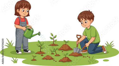Two children gardening outdoors with watering can and shovel, promoting teamwork, environmental care, and plant nurturing in educational setting