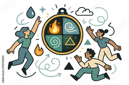 Elemental Talisman Symbols. Elemental talisman. A medallion split into glowing fire, water, earth, and air