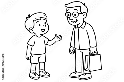 Kid's Coloring Interaction. Asking a passerby children?s coloring book illustration, outlined drawing, kid