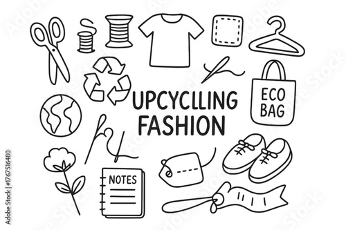 Upcycling Fashion Doodle. Upcycling Fashion. Hand-drawn doodle illustration of Upcycling Fashion. scissors,