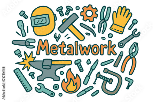 Metalwork Doodle Collage. Metalwork. Hand-drawn doodle illustration of metalwork. Anvil, hammer, tongs, sparks