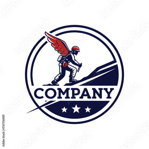 Winged mountain climber logo in circular badge with stars and bold company text