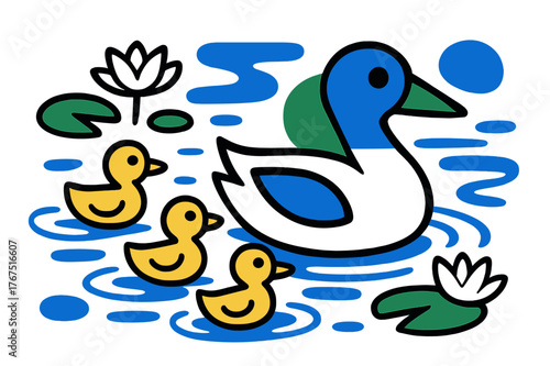 Duck Family Serenade. Family of Ducks. A mother duck leads her ducklings across a calm pond, water lilies
