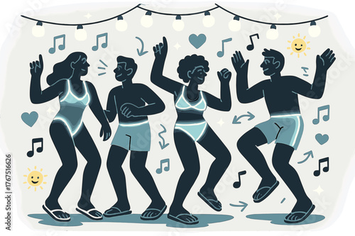 Festival Dance Extravaganza. Summer festival. Characters in glowing swimsuits and sandals dancing under