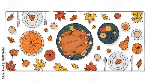 Thanksgiving Feast Top View with Turkey Pie and Autumn Leaves Flat Vector Illustration