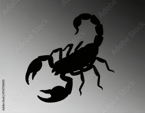 Black scorpion silhouette, minimalist vector art, isolated on gradient background