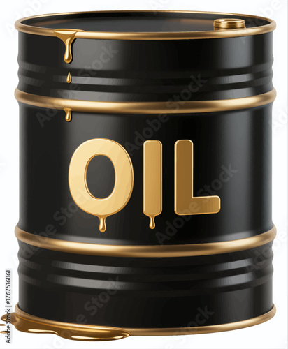 Black oil barrel with gold lettering and drips, 3d realistic style, isolated
