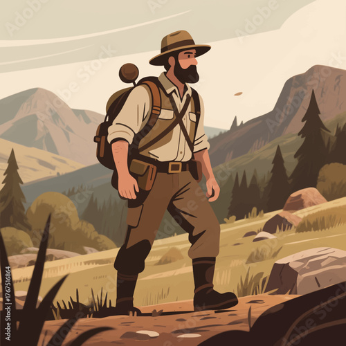 Bearded explorer hiking through mountain wilderness with backpack and hat