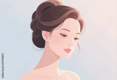 Beautiful woman with elegant updo hairstyle, soft pastel tones, serene expression
