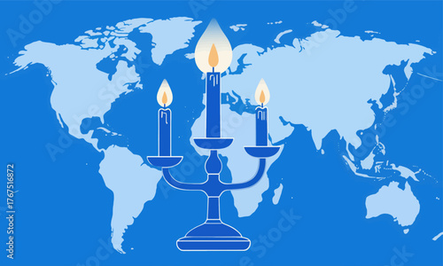 Blue candelabra with three lit candles over world map, flat vector design