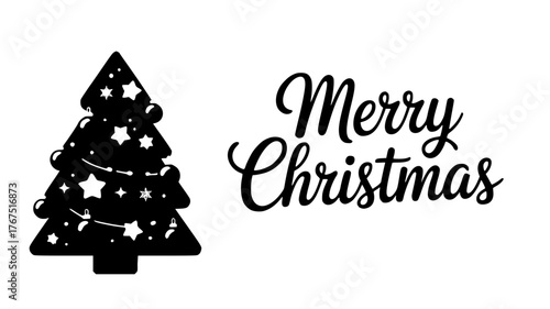 A minimalist vecter black christmas tree with stars and ornaments next to the words merry christmas in a simple design style silhouette