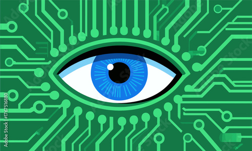 Blue eye on green circuit board background, tech concept vector illustration