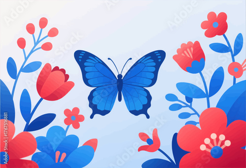 Blue butterfly among red flowers, flat colorful floral design, isolated