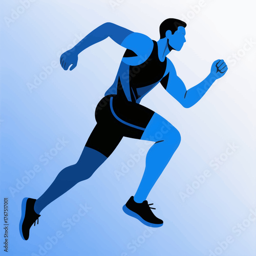 Blue runner in motion, flat vector illustration, isolated on light background