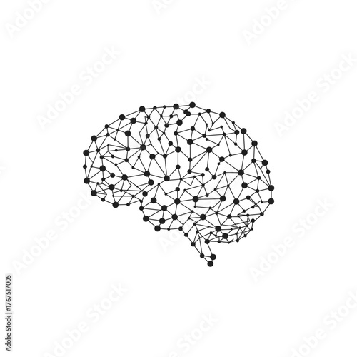 Abstract Brain Silhouette Constructed With Connected Dots And Lines Over White Background