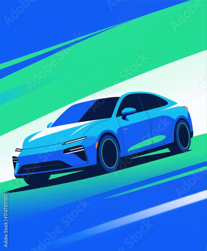 Blue electric car speeding on road, vibrant abstract background, modern design