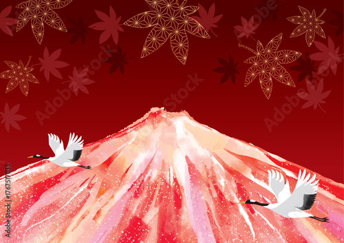 富士山, アブストラクト, 秋, 赤富士, 日本, 紅葉, 枯れ葉, 落ち葉, 葉, 植物, 鶴, 和風, 和柄, 鳥, 風情, 世界遺産, 景色, 山, おしゃれ, 赤, 自然、麻の葉、柄、年賀状、美しい、