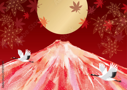 富士山, 月、満月、アブストラクト, 秋, 赤富士, 日本, 紅葉, 枯れ葉, 落ち葉, 葉, 植物, 鶴, 和風, 和柄, 鳥, 風情, 世界遺産, 景色, 山, おしゃれ, 赤, 自然、麻の葉、柄、年賀状、美しい、