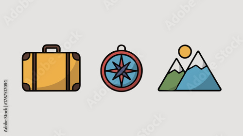 A minimalist vecter illustration showing a suitcase compass and mountain with sun suggesting travel adventure and exploration silhouette