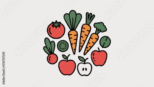 A minimalist vecter lustration of illustration showcasing a variety of fresh vegetables and fruits arranged in an oval shape on a light background silhouette