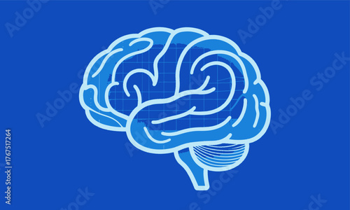 Brain outline with grid pattern, blue tech-style design, isolated on background