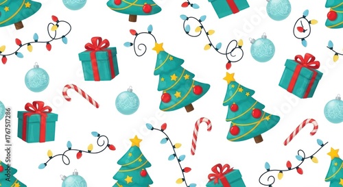 Festive Christmas pattern with gifts, ornaments, trees, lights, and candy canes