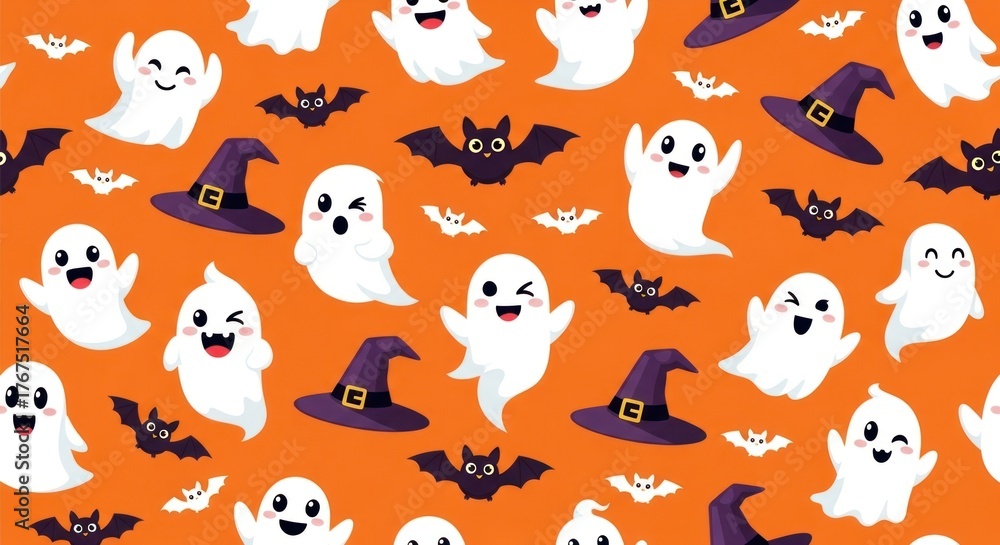 Fototapeta premium Cheerful Halloween pattern ghosts, bats, and hats on orange background