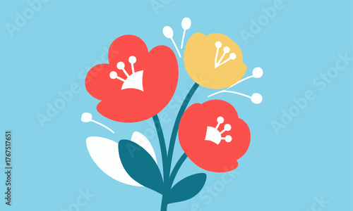 Colorful abstract flowers with stems and leaves, minimalist flat design, isolated on blue background