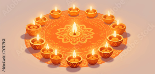 Circular diya lamps with glowing candles on ornate mandala design