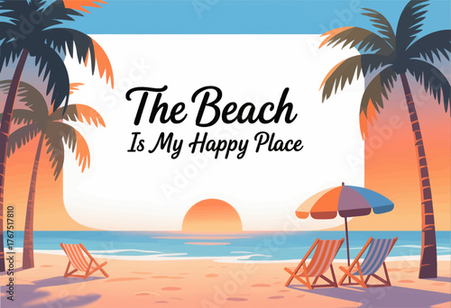 Colorful beach scene with palm trees sunset and lounge chairs flat style