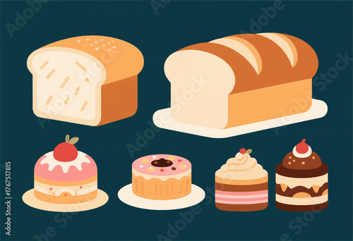 Colorful bakery treats collection, flat design sweet desserts, isolated on dark background