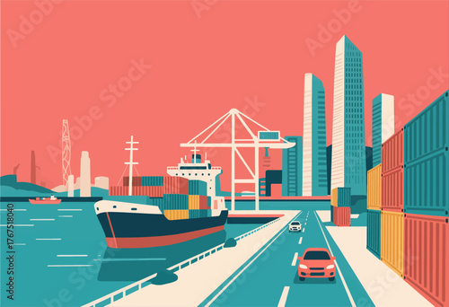 Colorful cargo ship docked at port with city skyline background, flat vector art