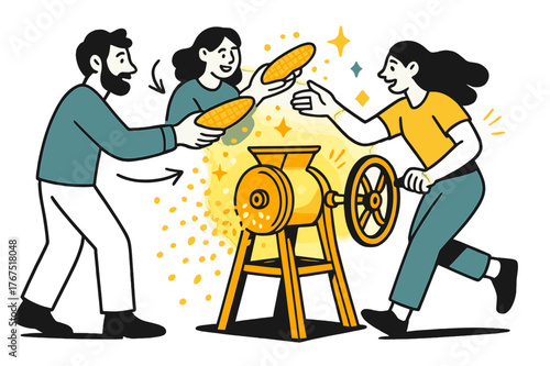 Rustic Corn Shelling. Rustic tradition. A glowing hand-cranked corn sheller on a wooden stand with characters