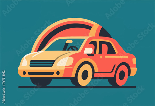 Colorful car illustration with rainbow arch, flat design, isolated on teal background