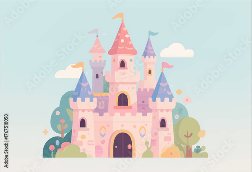 Colorful cartoon castle with turrets and flags, whimsical fairy tale setting, flat design