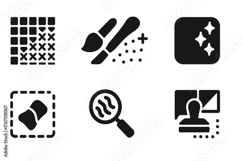Texture Repair Icons. Texture repair. Filled icon set of texture repair: pixel grid, pattern brush, noise